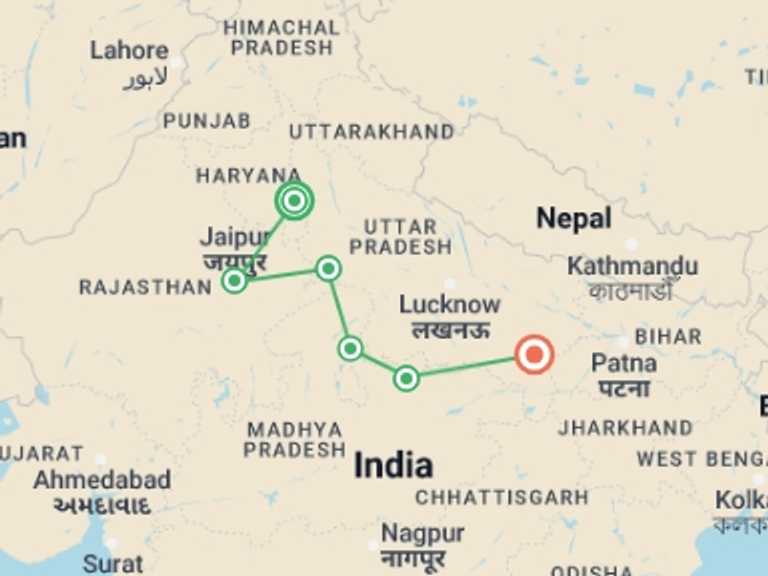 Map itinerary of India Tour in September 2027 with 5 destination visits for the trip: Golden Triangle Tour With Khajuraho & Varanasi