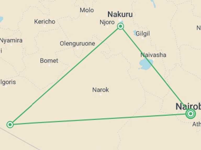 Map itinerary of Kenya Tour in Spring with 3 destination visits for the trip: Through The Rift Valley, Sopa Lodges - Private Tour