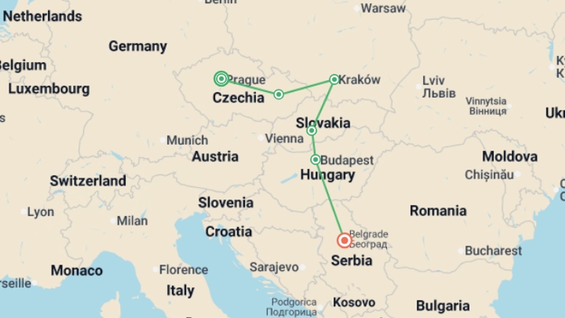 A map showing the tour itinerary for the trip: Premium Central Europe, starting in Prague, Czech Republic and ending in Belgrade, Serbia going through 4 other destinations.