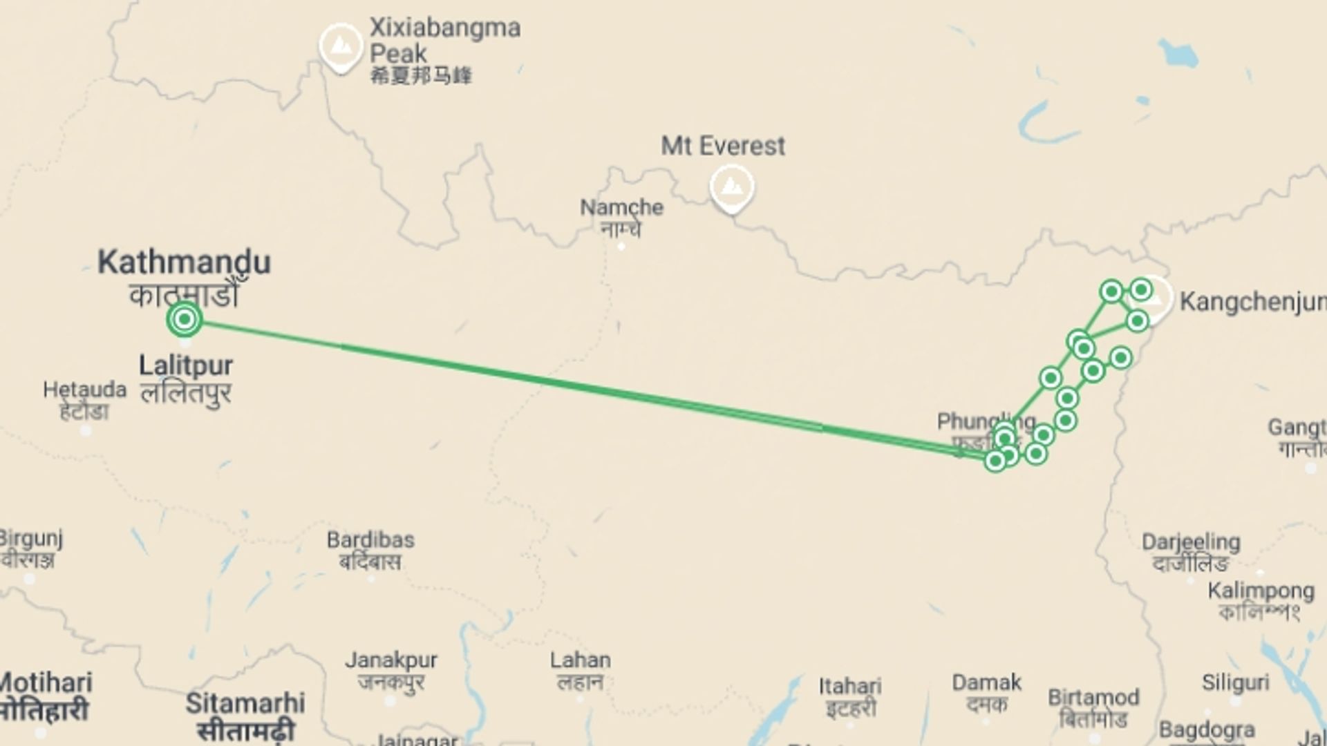 A map showing the tour itinerary for the trip: Kanchenjunga Base Camp Trek, starting in Kathmandu, Nepal and ending in Kathmandu, Nepal going through 16 other destinations.