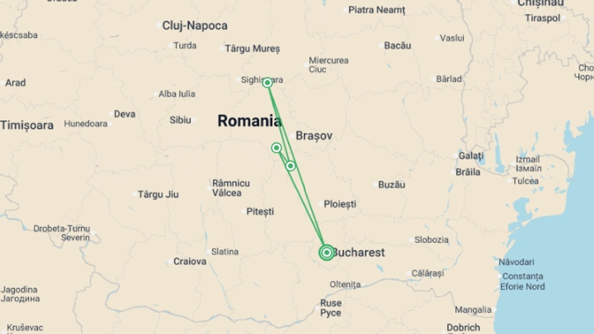 A map showing the tour itinerary for the trip: Transylvanian Long Weekend, starting in Bucharest, Romania and ending in Bucharest, Romania going through 3 other destinations.
