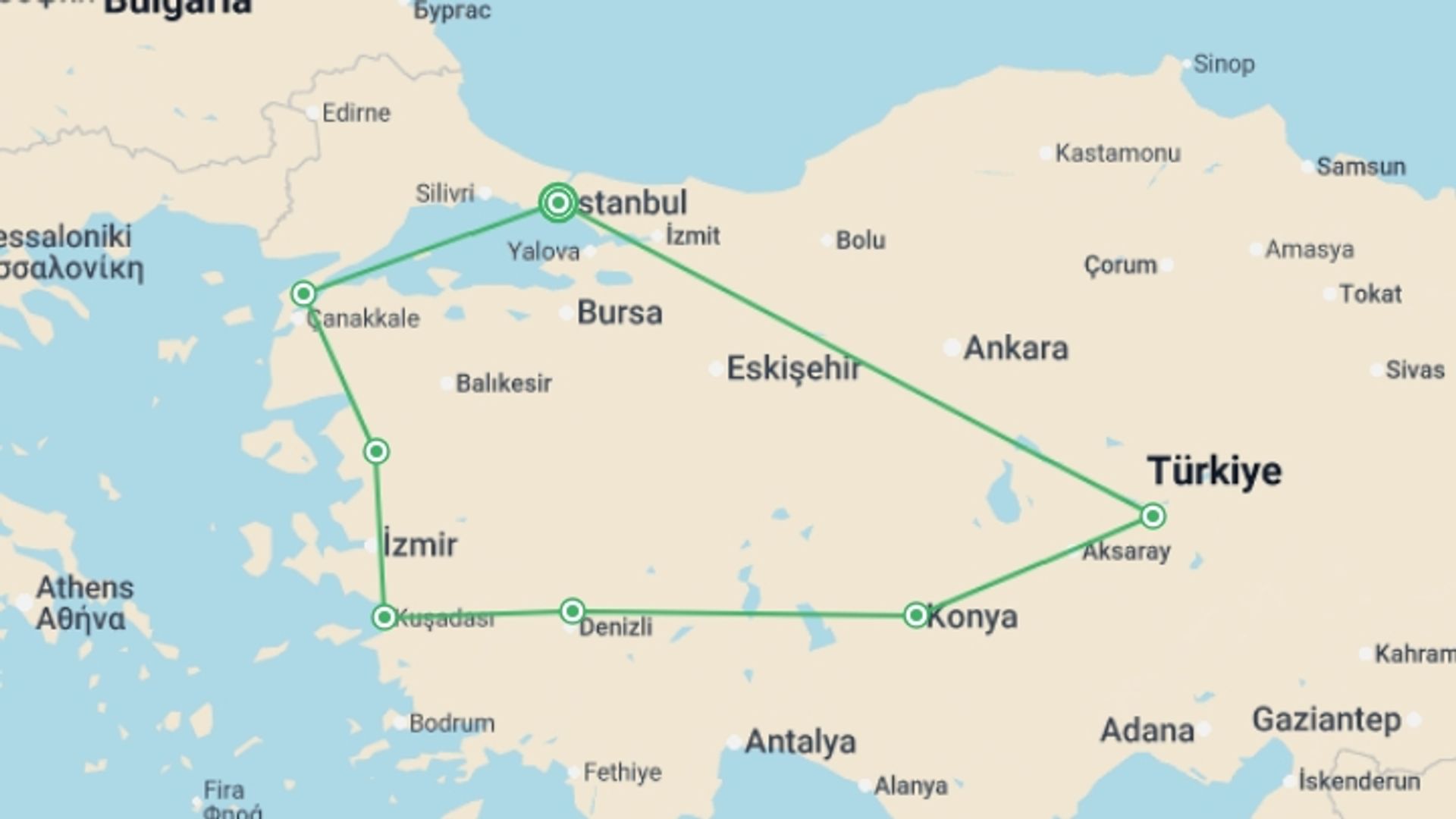 A map showing the tour itinerary for the trip: Private Easymade Turkey Tour, starting in Istanbul, Turkey and ending in Istanbul, Turkey going through 6 other destinations.