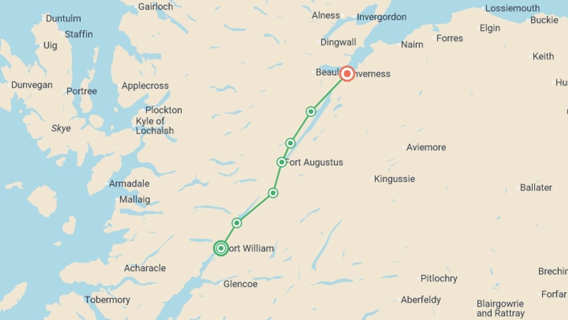A map showing the tour itinerary for the trip: The Great Glen Way, starting in Fort William, Scotland and ending in Inverness, Scotland going through 6 other destinations.