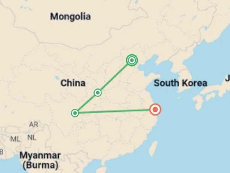 Map itinerary of China Tour in September 2026 with 4 destination visits for the trip: Warriors And Panda Bears, Private Tour