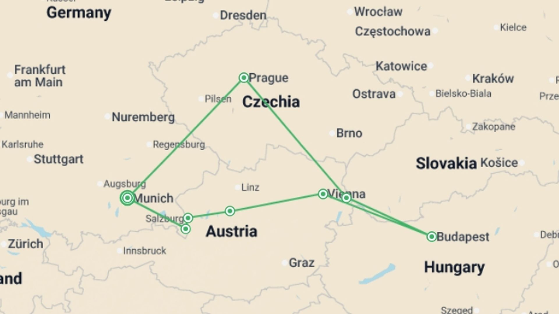 A map showing the tour itinerary for the trip: The Best of Central Europe Self-Drive, starting in Munich, Germany and ending in Munich, Germany going through 5 other destinations.