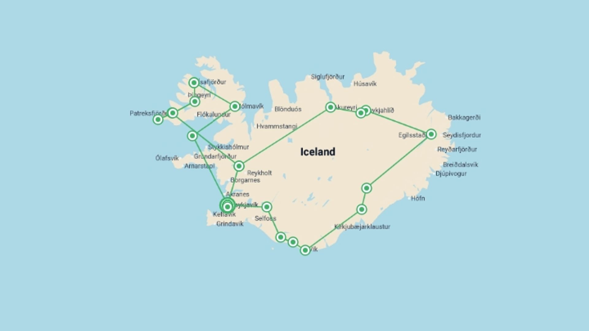 A map showing the tour itinerary for the trip: Iceland Circle & Westfjords Discovery - 17 days, starting in Reykjavik, Iceland and ending in Reykjavik, Iceland going through 10 other destinations.