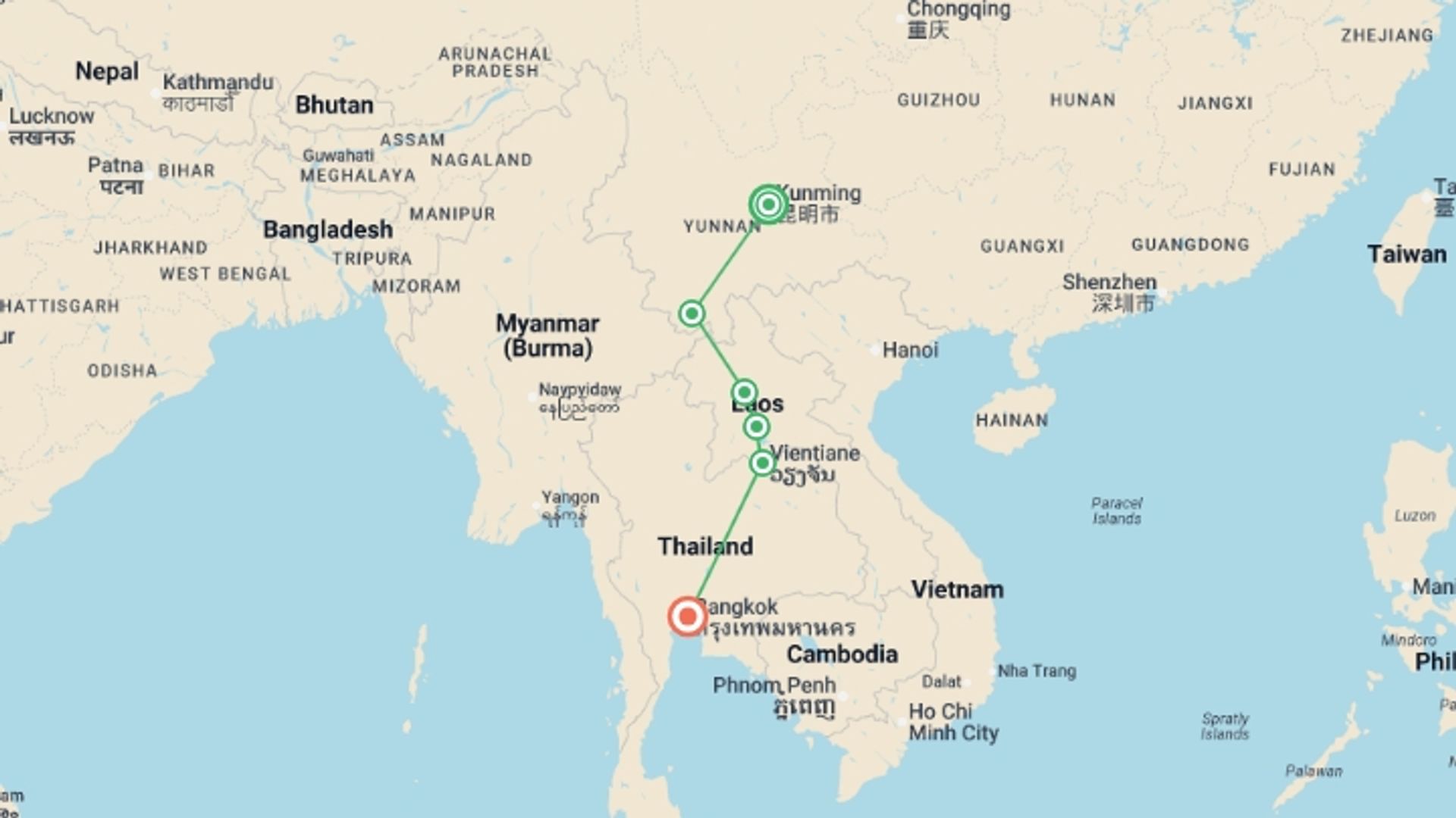 A map showing the tour itinerary for the trip: China & Laos: Kunming to Bangkok by Rail, starting in Kunming, China and ending in Bangkok, Thailand going through 4 other destinations.