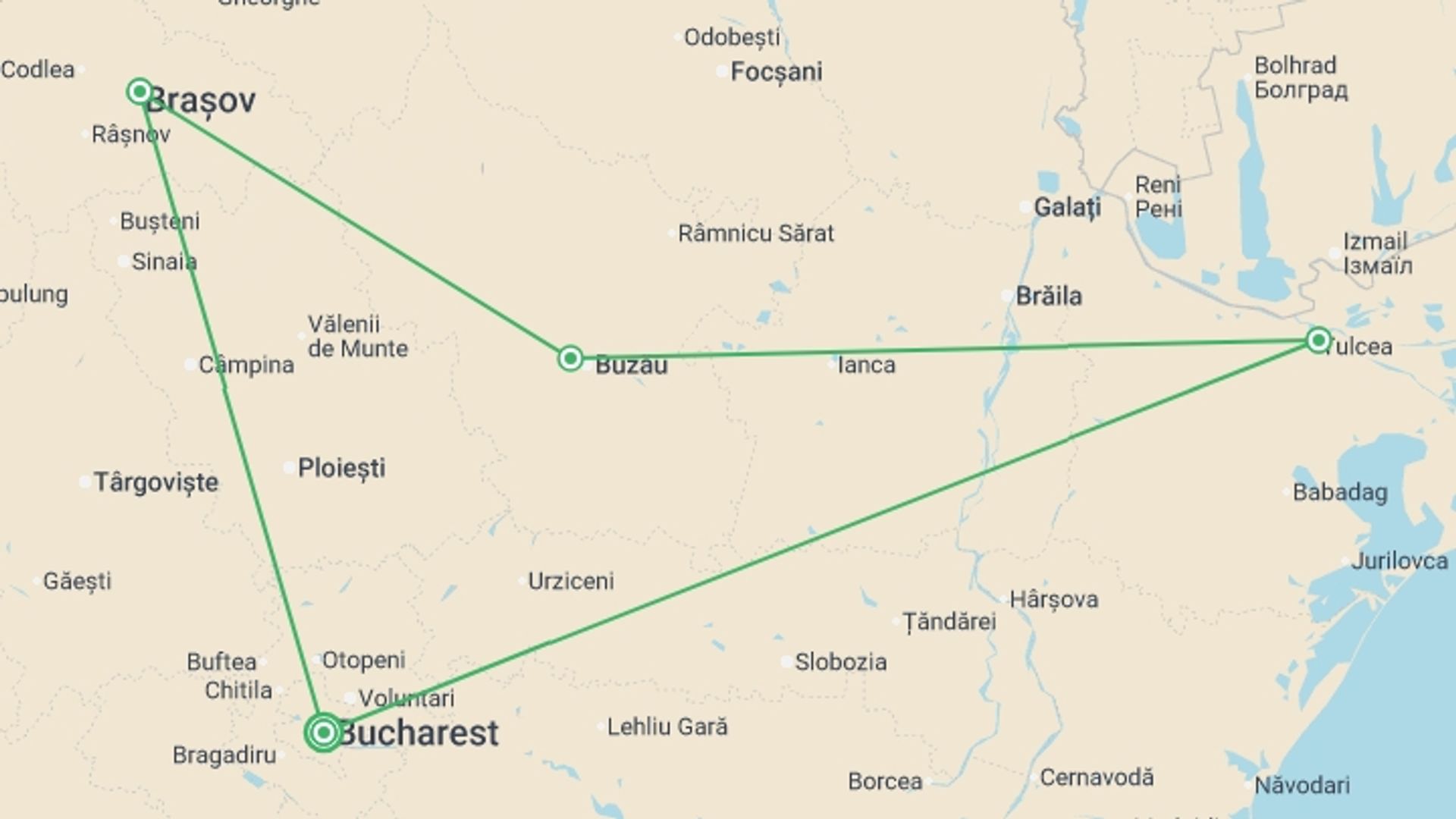 A map showing the tour itinerary for the trip: Highlights of Romania & the Danube Delta, starting in Bucharest, Romania and ending in Bucharest, Romania going through 3 other destinations.