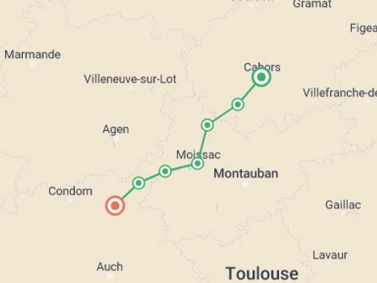 Map of The Way of St. James Walking Tour with 8 destination visits for the trip: Le Puy Camino - Cahors to Lectoure