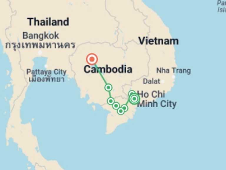Map of 12-Day Ho Chi Minh City Tour with 8 destination visits for the trip: Ho Chi Minh to Angkor Wat Cycle