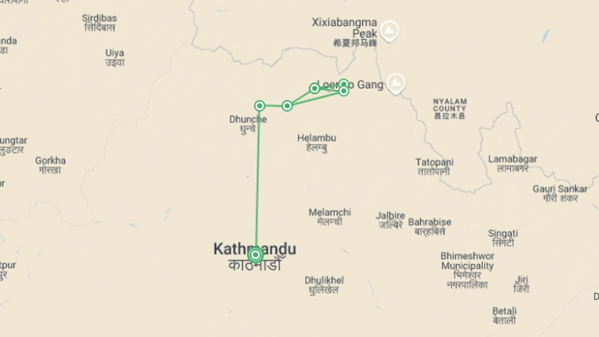 A map showing the tour itinerary for the trip: Yala Peak Climbing, starting in Kathmandu, Nepal and ending in Kathmandu, Nepal going through 6 other destinations.
