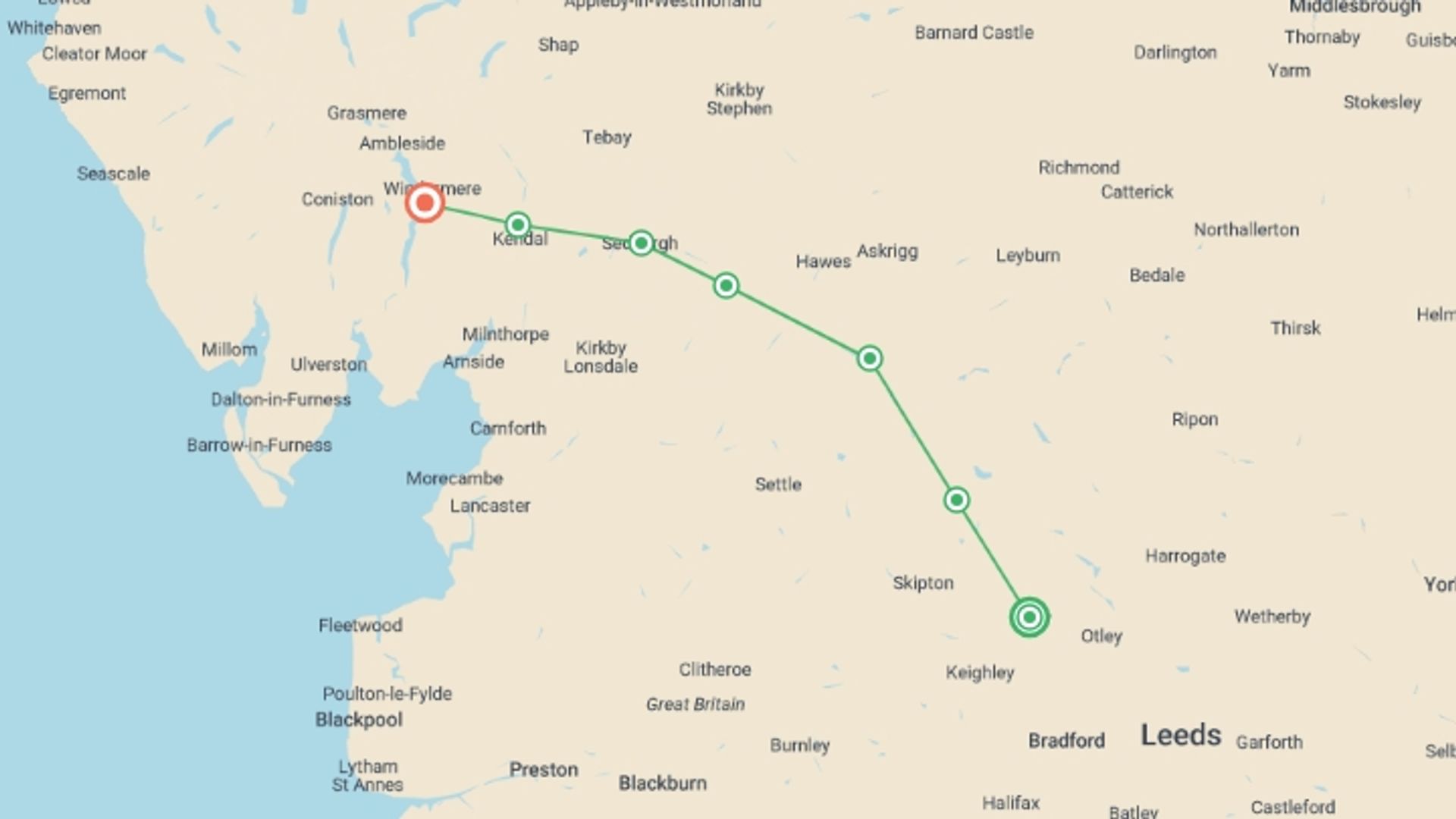 A map showing the tour itinerary for the trip: The Dales Way, starting in Ilkley, England and ending in Bowness-on-Windermere, England going through 5 other destinations.