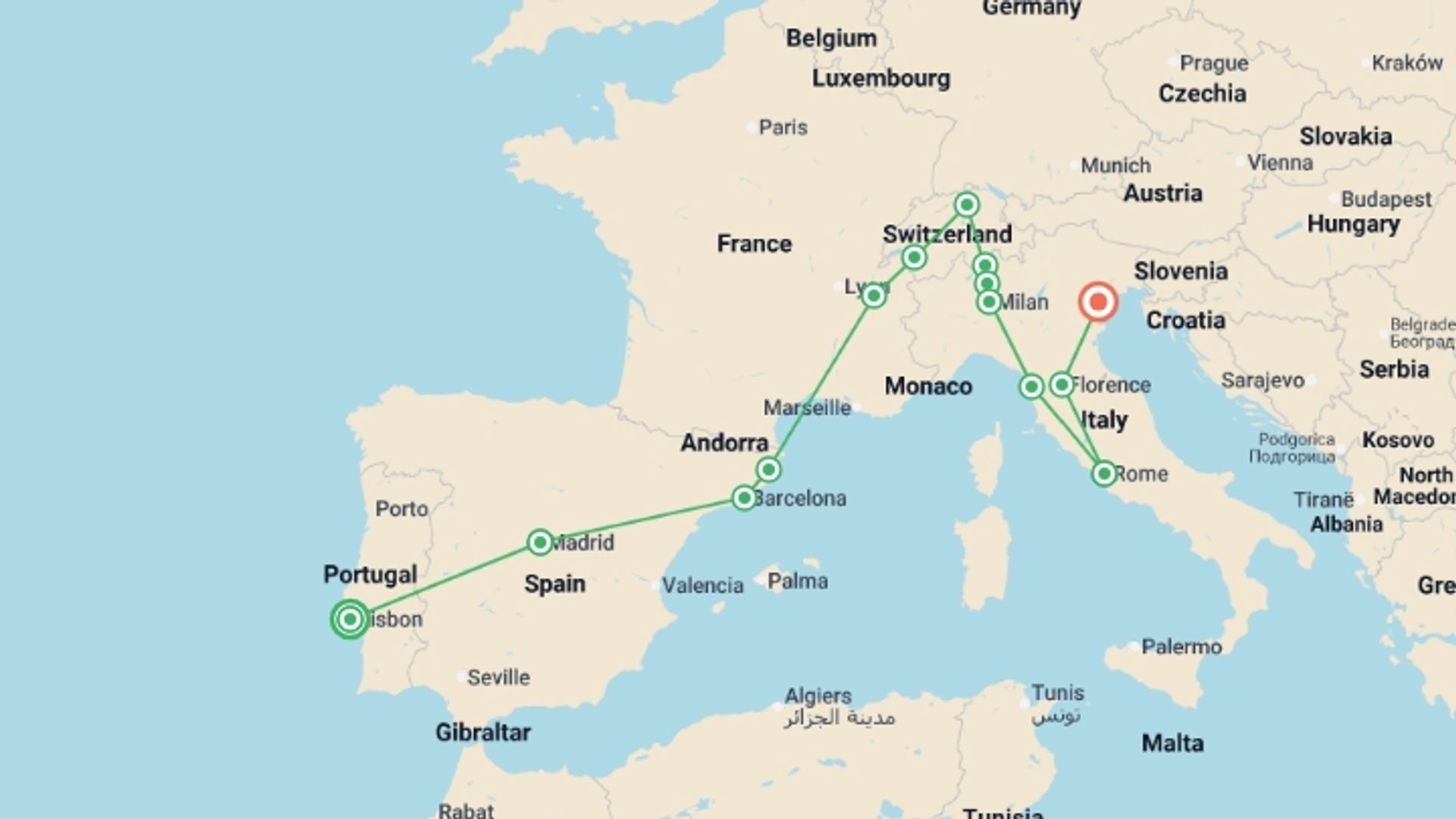 A map showing the tour itinerary for the trip: The South European Line, starting in Lisbon, Portugal and ending in Venice, Italy going through 9 other destinations.