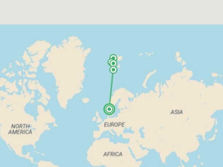 Map of Scandinavia Tour with 6 destination visits for the trip: Realm of the Polar Bear In Depth - M/V Greg Mortimer