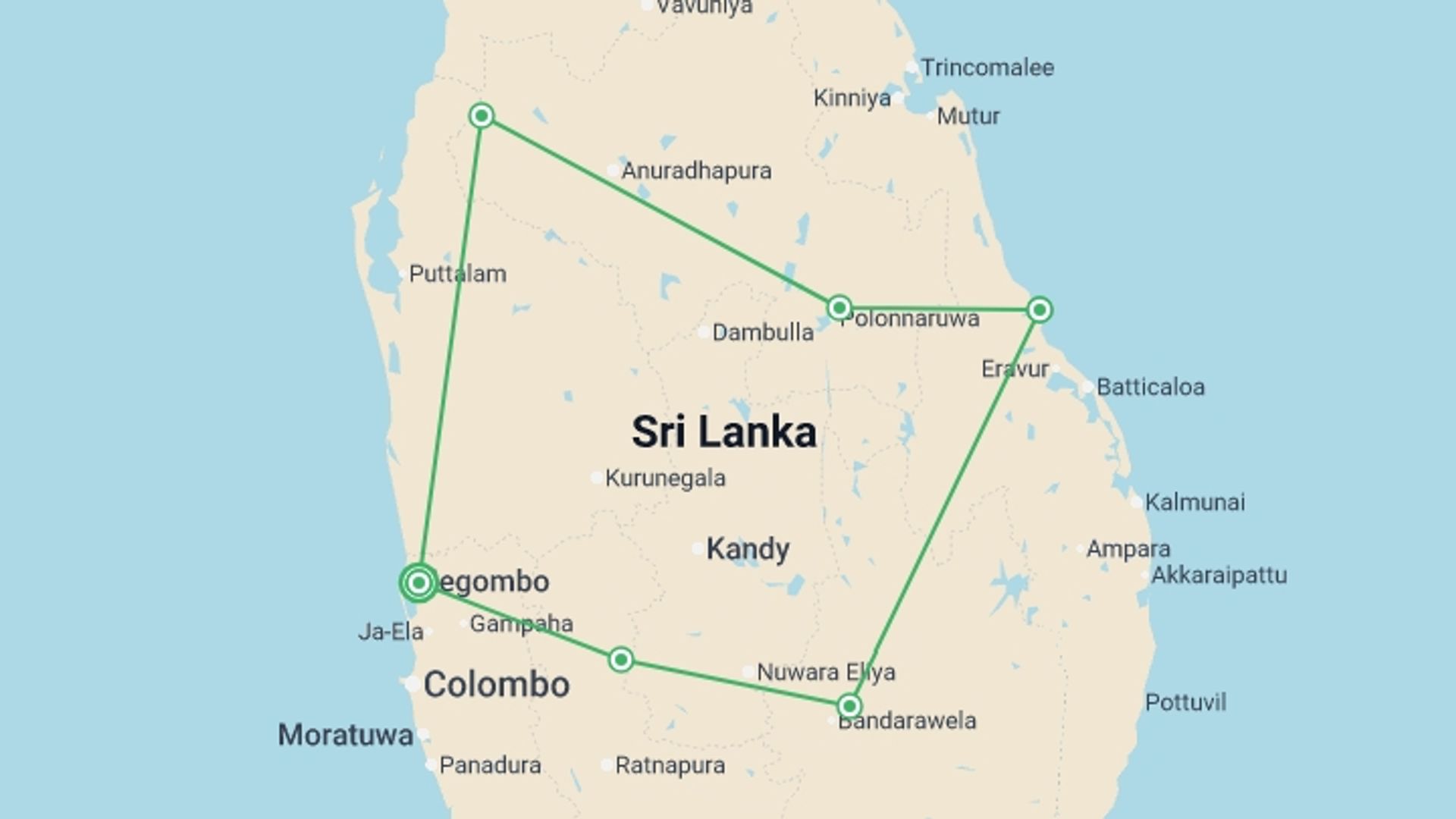 A map showing the tour itinerary for the trip: Family Highlights of Sri Lanka, starting in Negombo, Sri Lanka and ending in Negombo, Sri Lanka going through 5 other destinations.