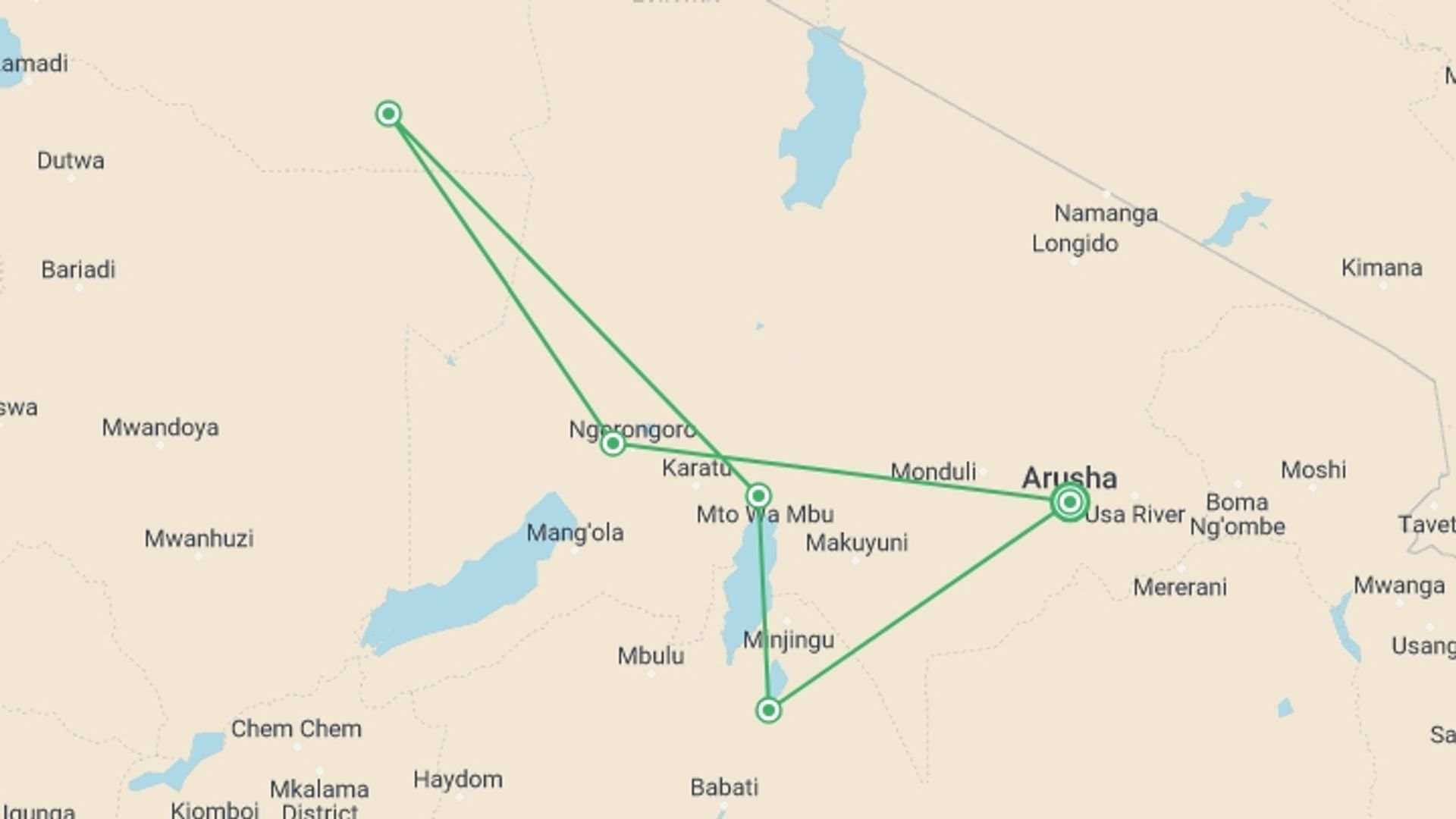A map showing the tour itinerary for the trip: Travel and Leisure - 5 days, starting in Arusha, Tanzania and ending in Arusha, Tanzania going through 5 other destinations.