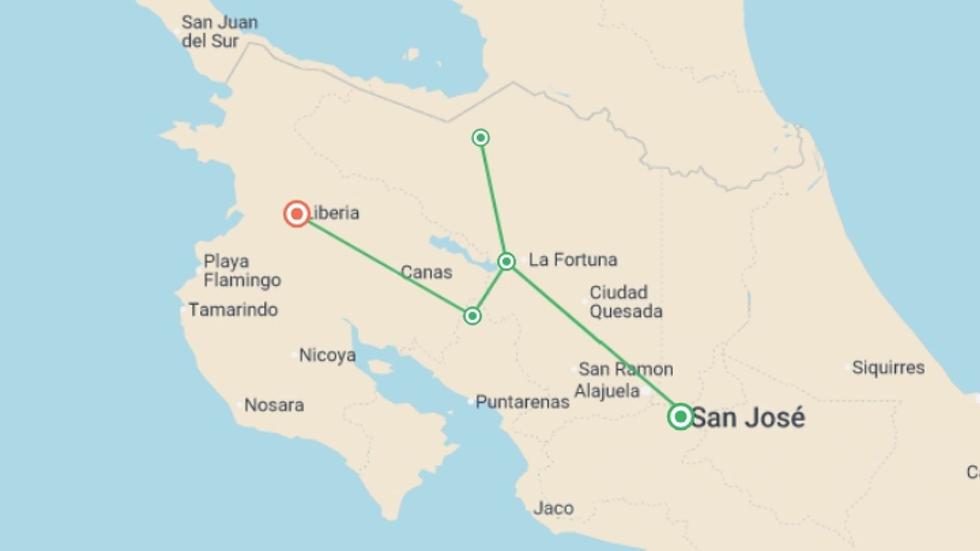 A map showing the tour itinerary for the trip: Tropical Costa Rica , starting in San Jose, Costa Rica and ending in Guanacaste, Costa Rica going through 3 other destinations.