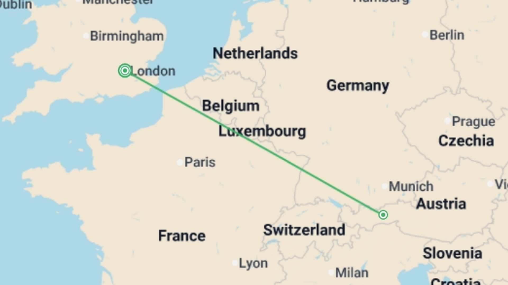 A map showing the tour itinerary for the trip: Ski Austria: 1 Week, starting in London, England and ending in London, England going through 2 other destinations.