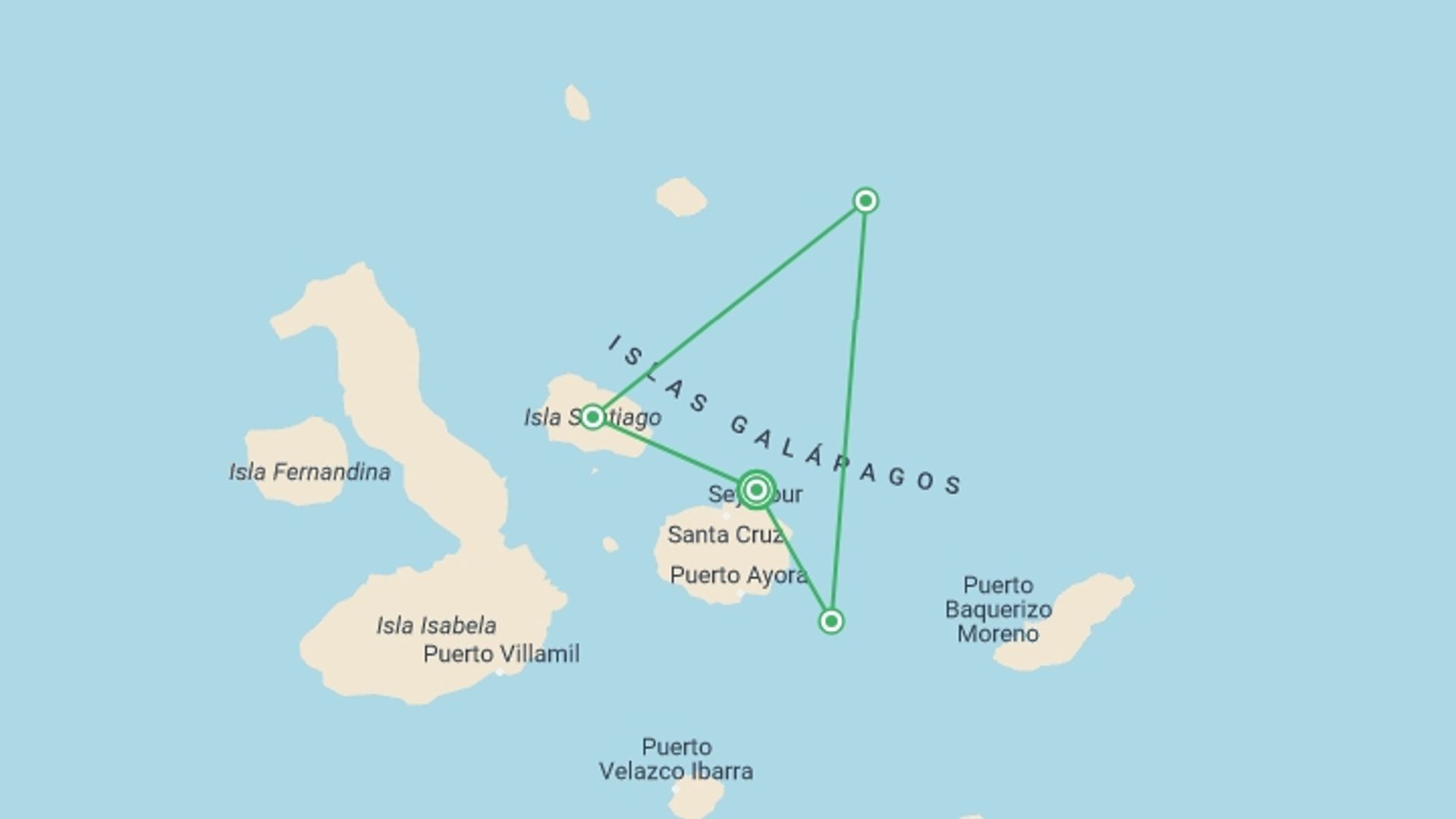 A map showing the tour itinerary for the trip: YACHT ISABELA II SEABIRD SANCTUARY EXPEDITION (Mon - Fri), starting in Baltra Island, Ecuador and ending in Baltra Island, Ecuador going through 4 other destinations.
