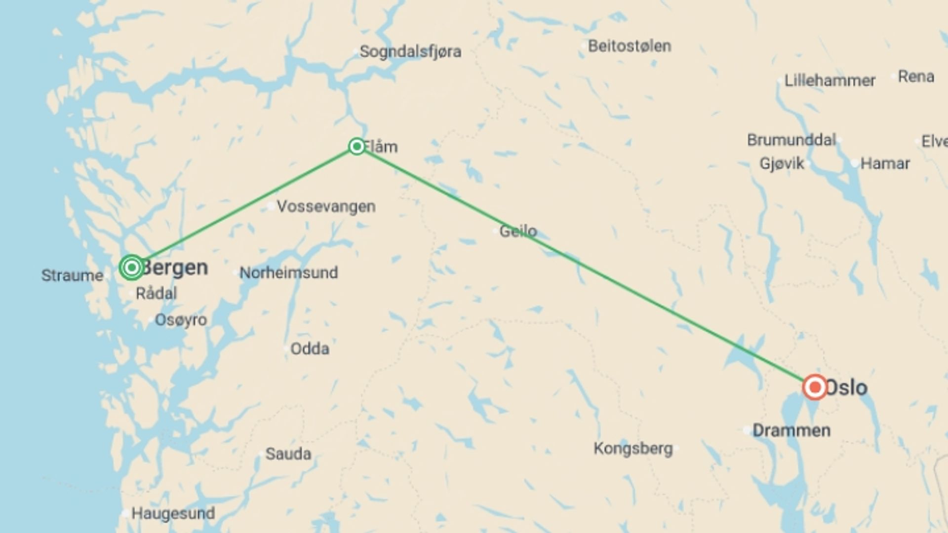 A map showing the tour itinerary for the trip: Winter Wonders of Norway - 7 days, starting in Bergen, Norway and ending in Oslo, Norway going through 1 other destinations.