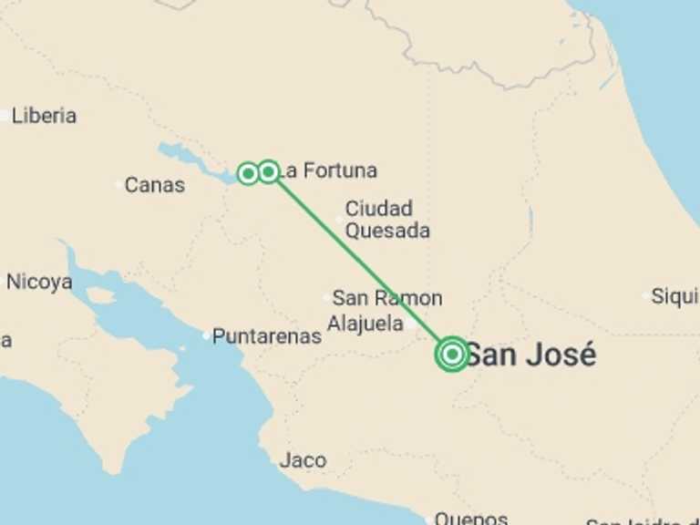 Map of San Jose Explorer Tour with 2 destination visits for the trip: Costa Rica Volcano Adventure 4D/3N