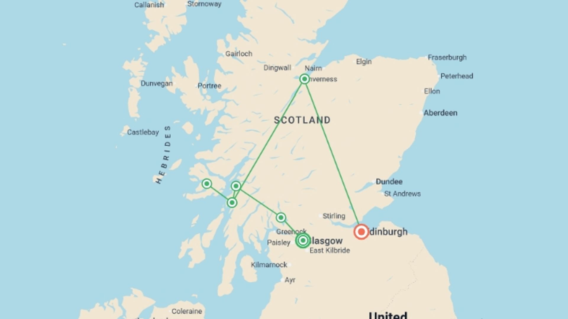 A map showing the tour itinerary for the trip: Scotland: Land of Lore & Legend , starting in Glasgow, Scotland and ending in Edinburgh, Scotland going through 2 other destinations.