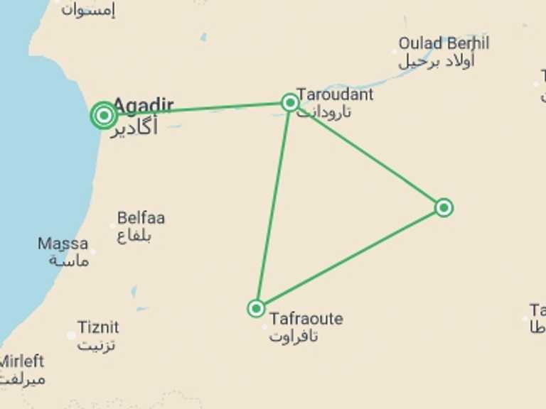 Map itinerary of Africa Tour in Fall with 5 destination visits for the trip: Hike Morocco's Anti-Atlas Mountains