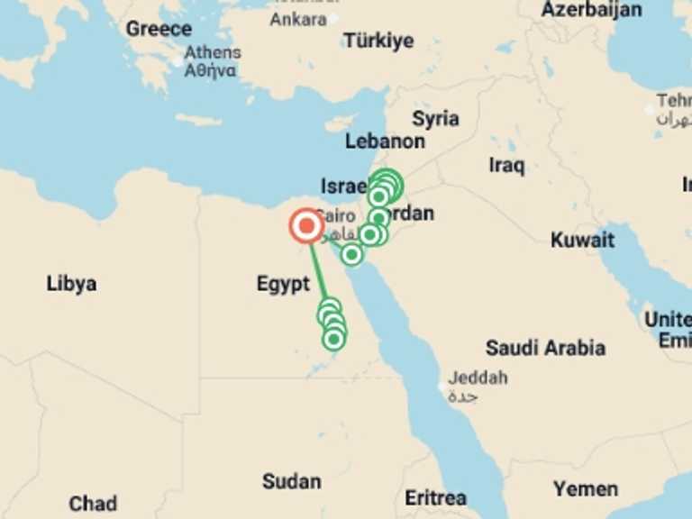 Map itinerary of Mediterranean Tour in July 2026 with 9 destination visits for the trip: Lights of Jordan and Egypt with Nile Cruise