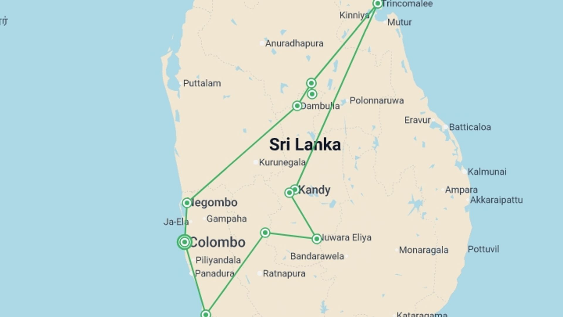 A map showing the tour itinerary for the trip: 11-day Romantic Sri Lanka Escape, Scenic Beauty & Culture, Private Tour, starting in Colombo, Sri Lanka and ending in Colombo, Sri Lanka going through 4 other destinations.