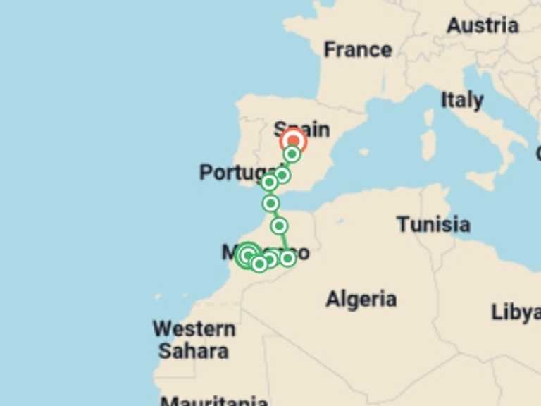 Map of 10-Day Africa Tour with 7 destination visits for the trip: From Marrakesh to Madrid