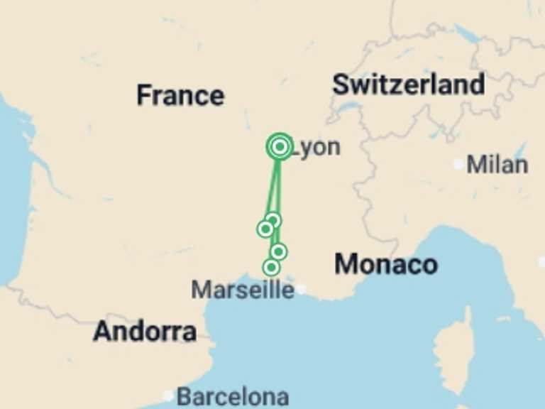 Map itinerary of Europe Tour in March 2027 with 6 destination visits for the trip: All the must-see sites on the Rhône between Lyon, Provence, and the Camargue with a dinner at Paul Bocuse's Abbaye de Collonges Restaurant OFFERED (port-to-port cruise)
