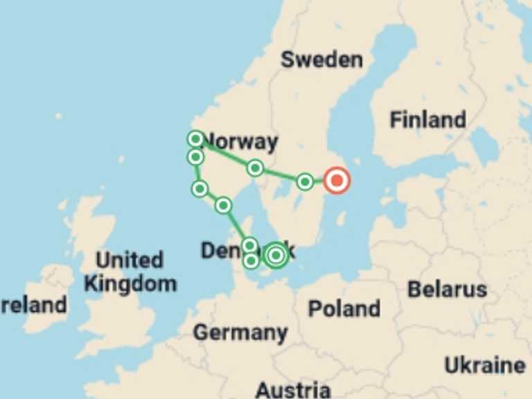 Map itinerary of Europe Tour in Fall with 6 destination visits for the trip: Scandinavian Capitals