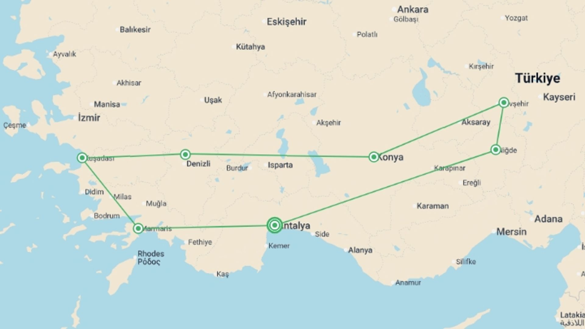 A map showing the tour itinerary for the trip: Turkish Ring, starting in Antalya, Turkey and ending in Antalya, Turkey going through 6 other destinations.