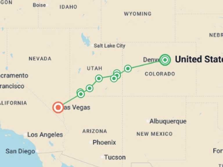 Map itinerary of Denver Tour in August 2026 with 6 destination visits for the trip: Painted Canyons of the West featuring Utah’s Five National Parks