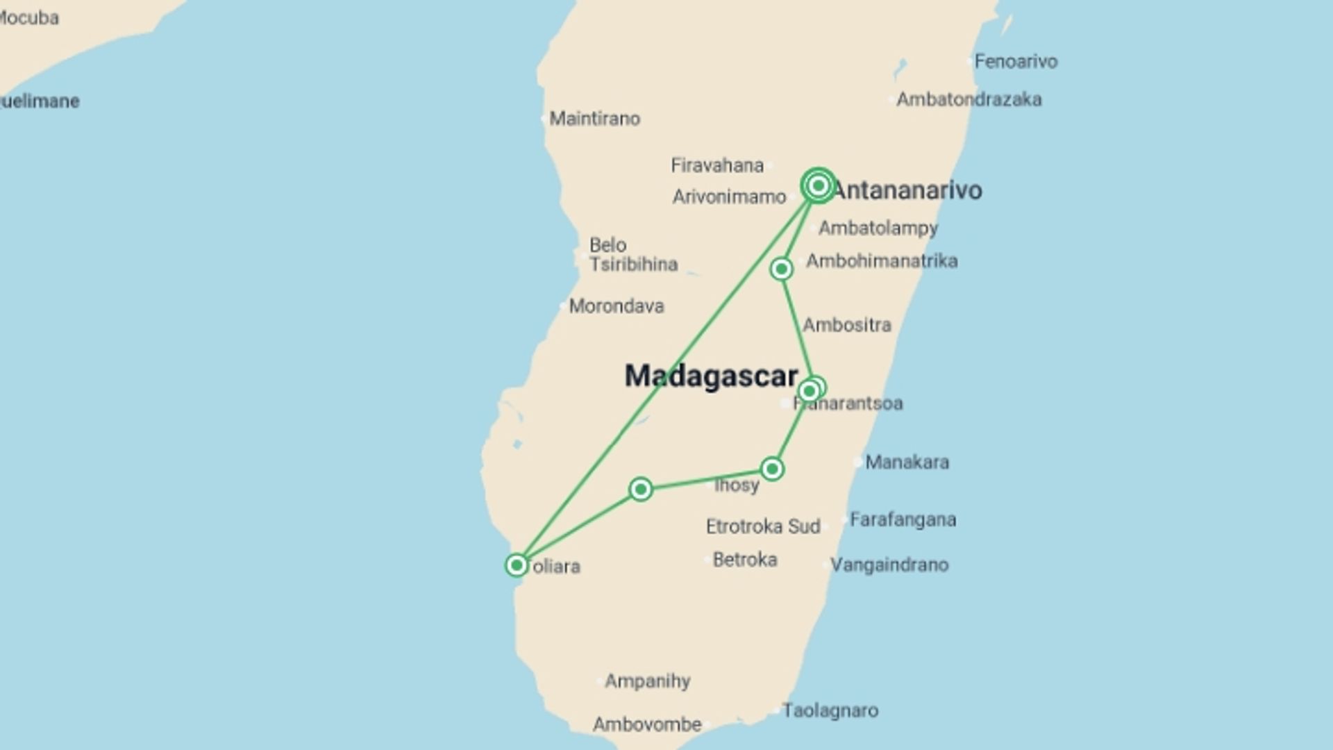 A map showing the tour itinerary for the trip: Unique Madagascar, starting in Antananarivo, Madagascar and ending in Antananarivo, Madagascar going through 3 other destinations.