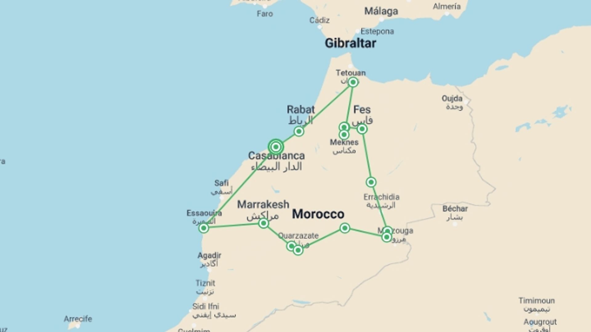 A map showing the tour itinerary for the trip: Classic Morocco, starting in Casablanca, Morocco and ending in Casablanca, Morocco going through 6 other destinations.