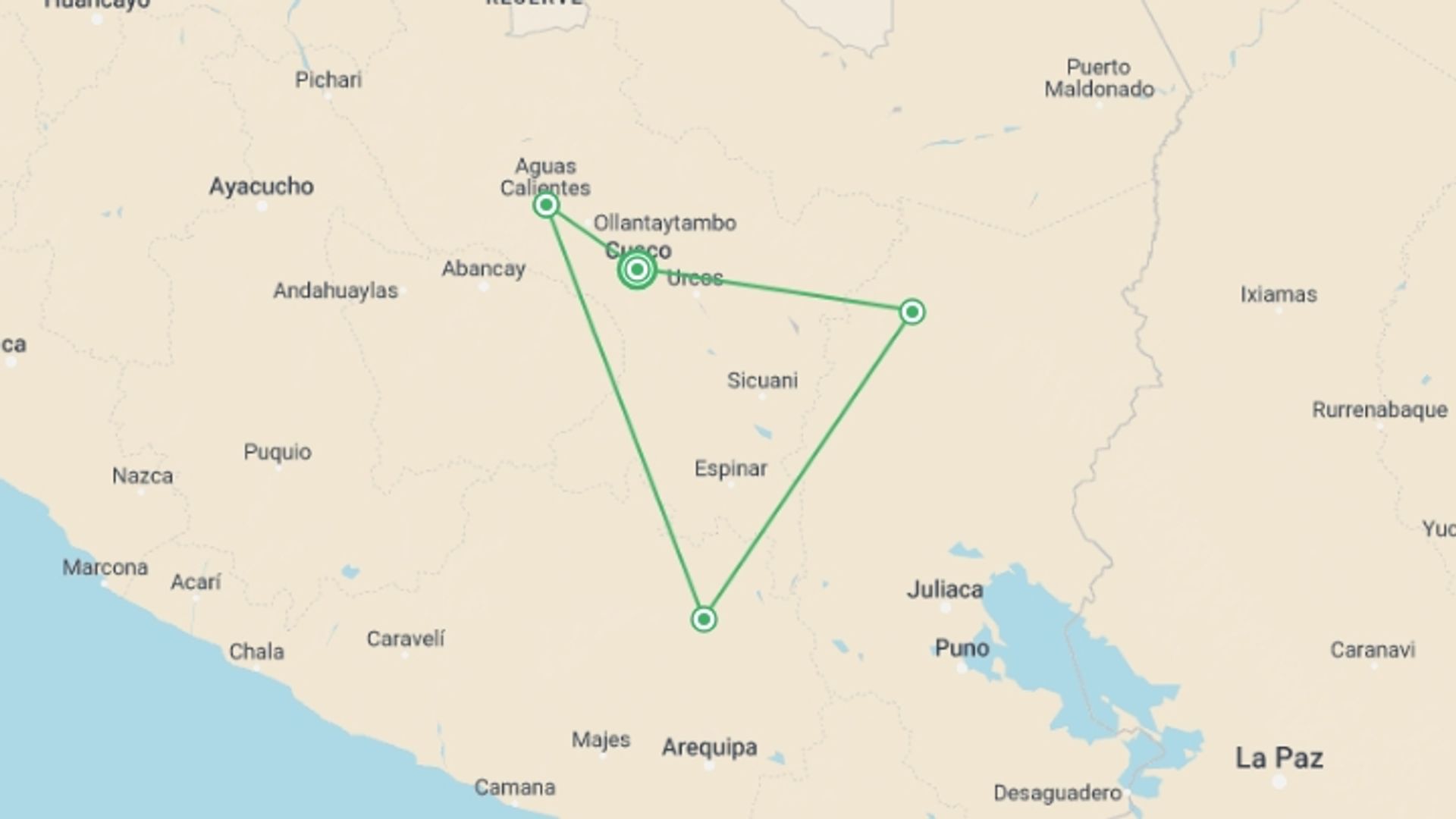A map showing the tour itinerary for the trip: 4 day Inca trail to Machu Picchu , starting in Cusco, Peru and ending in Cusco, Peru going through 4 other destinations.
