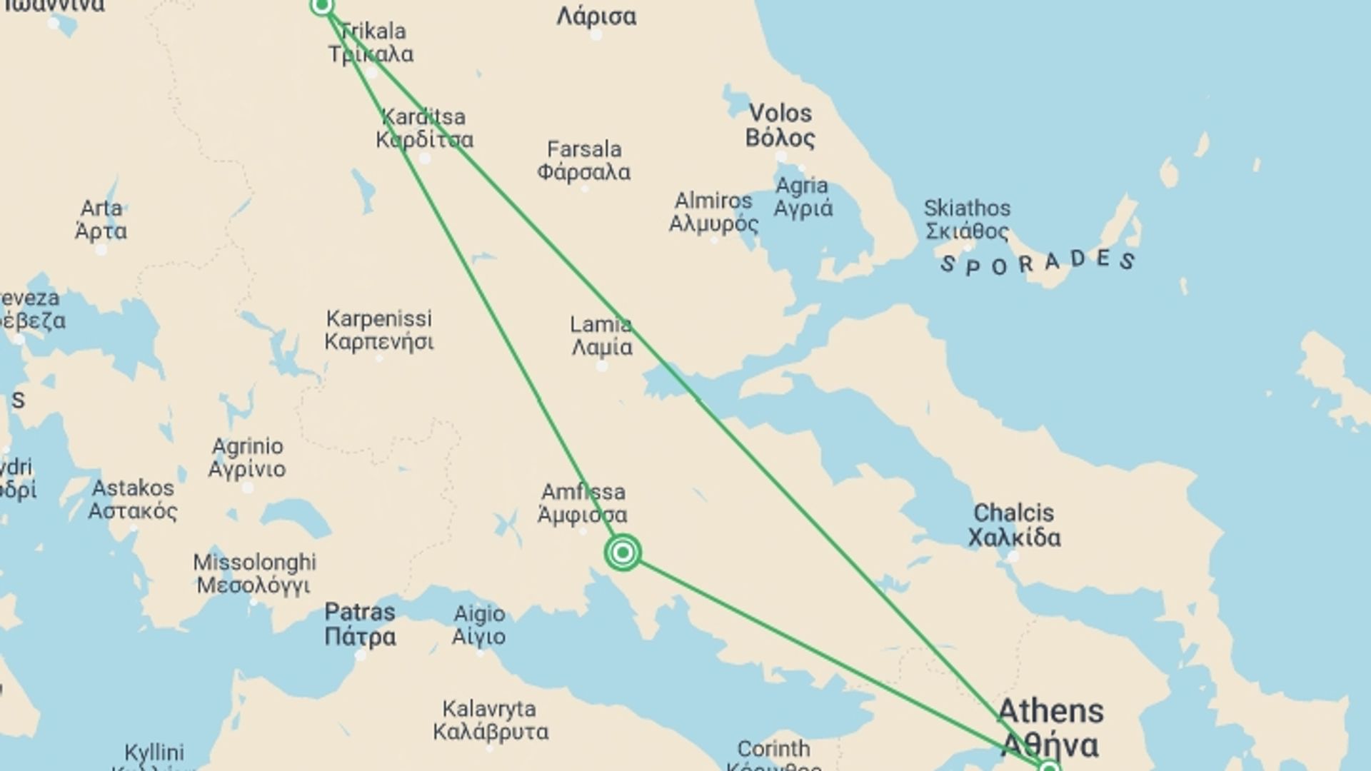 A map showing the tour itinerary for the trip: 3 Days Delphi And Meteora Tour, starting in Delphi, Greece and ending in Delphi, Greece going through 2 other destinations.