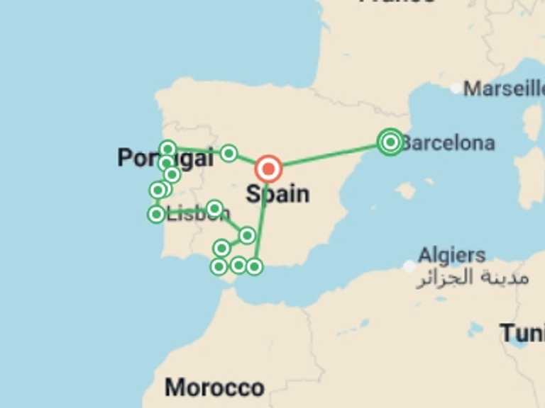 Map itinerary of Portugal Tour in February 2026 with 9 destination visits for the trip: Barcelona, Portugal & Andalucia - 16 days 