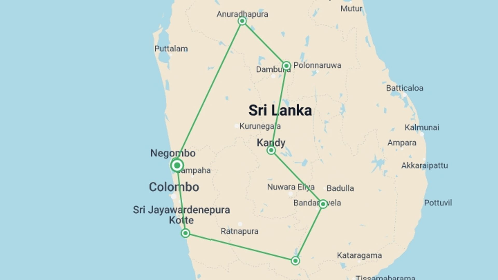A map showing the tour itinerary for the trip: Best of Sri Lanka Tour, starting in Katunayake, Sri Lanka and ending in Katunayake, Sri Lanka going through 8 other destinations.