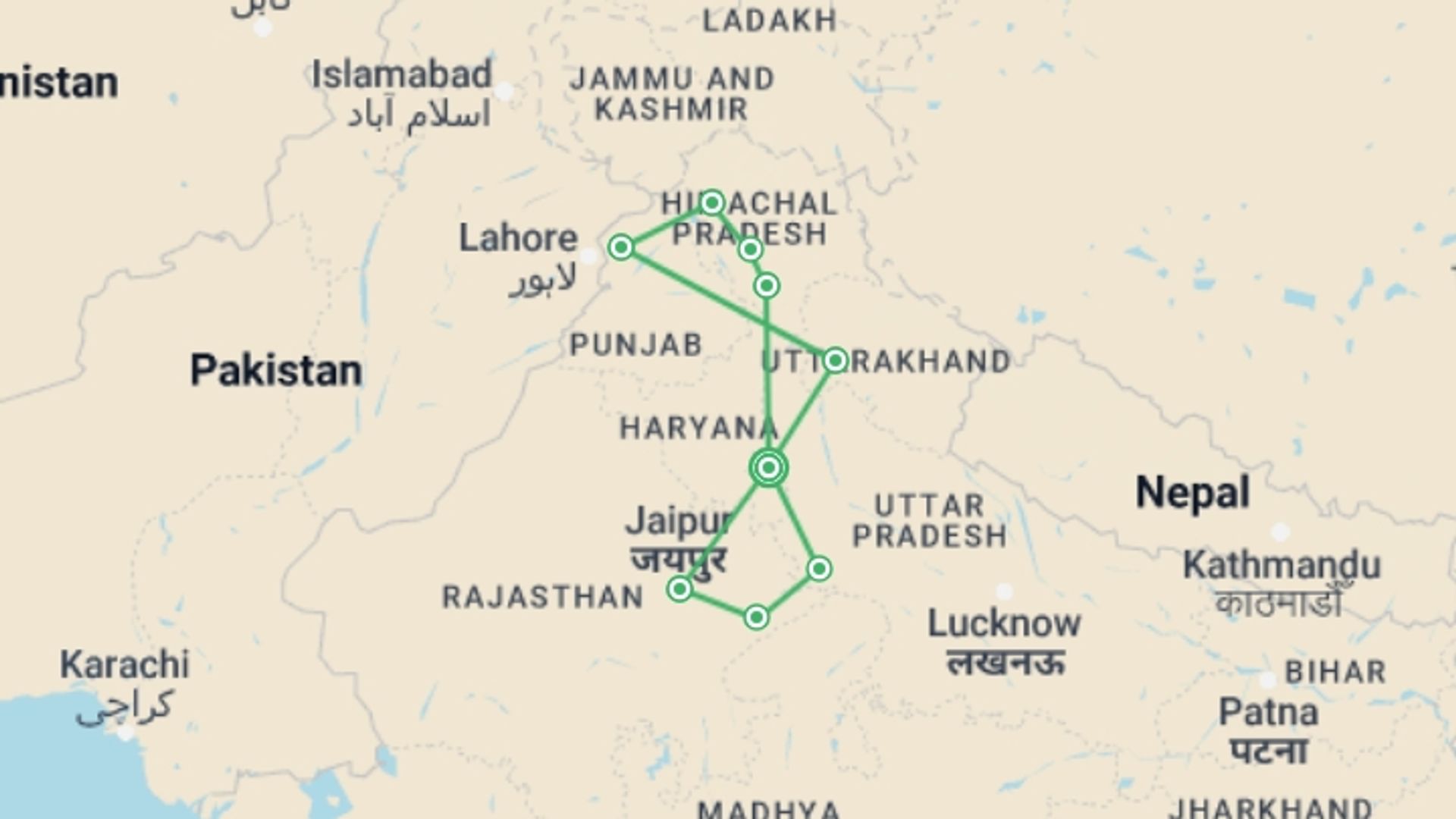 A map showing the tour itinerary for the trip: Best of India, starting in New Delhi, India and ending in New Delhi, India going through 8 other destinations.