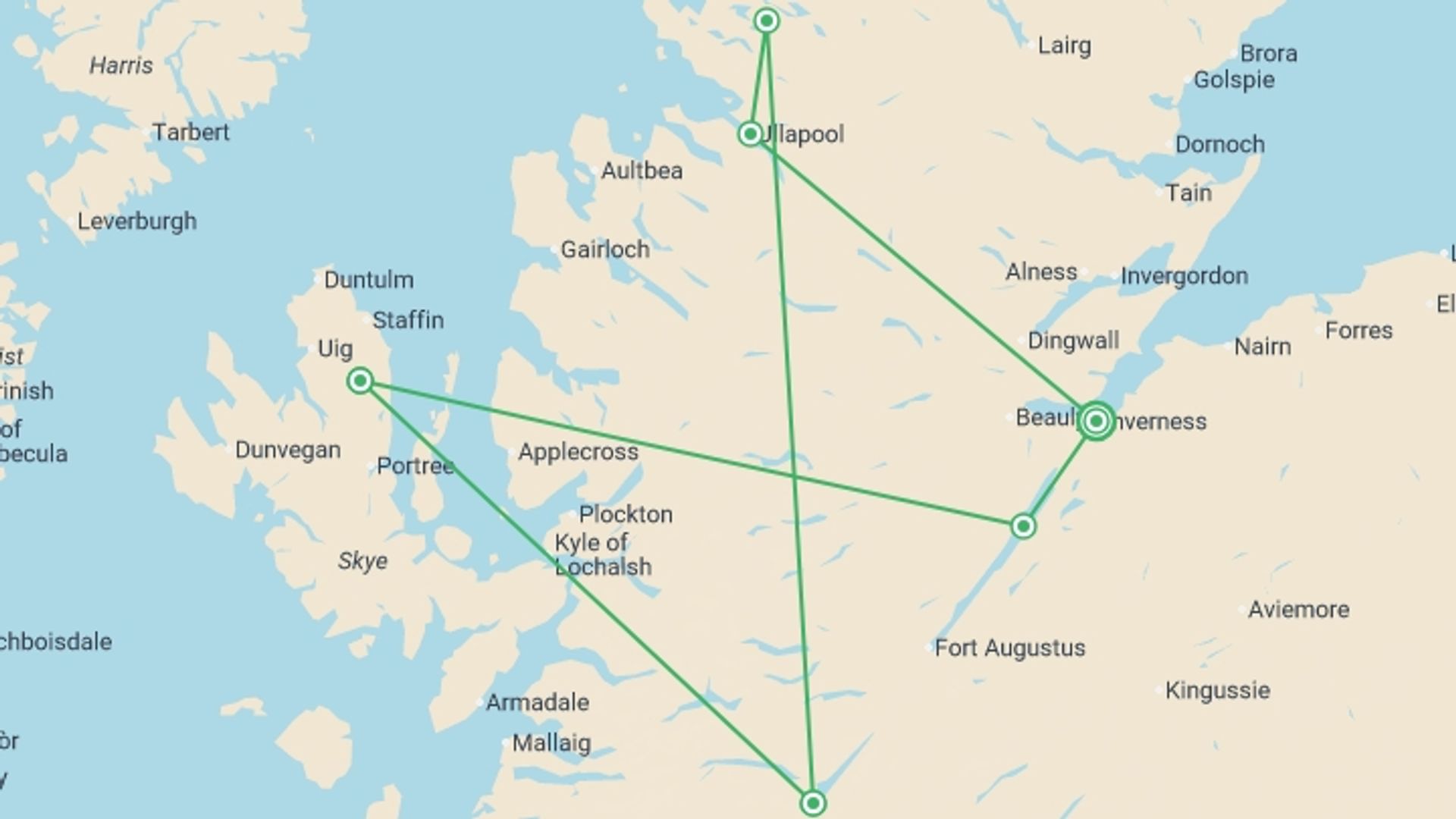 A map showing the tour itinerary for the trip: Walk the North West Highlands and Skye, starting in Inverness, Scotland and ending in Inverness, Scotland going through 4 other destinations.