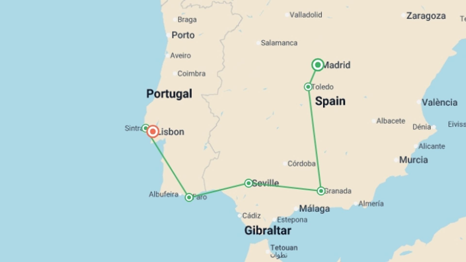 A map showing the tour itinerary for the trip: Madrid to Lisbon, starting in Madrid, Spain and ending in Lisbon, Portugal going through 3 other destinations.