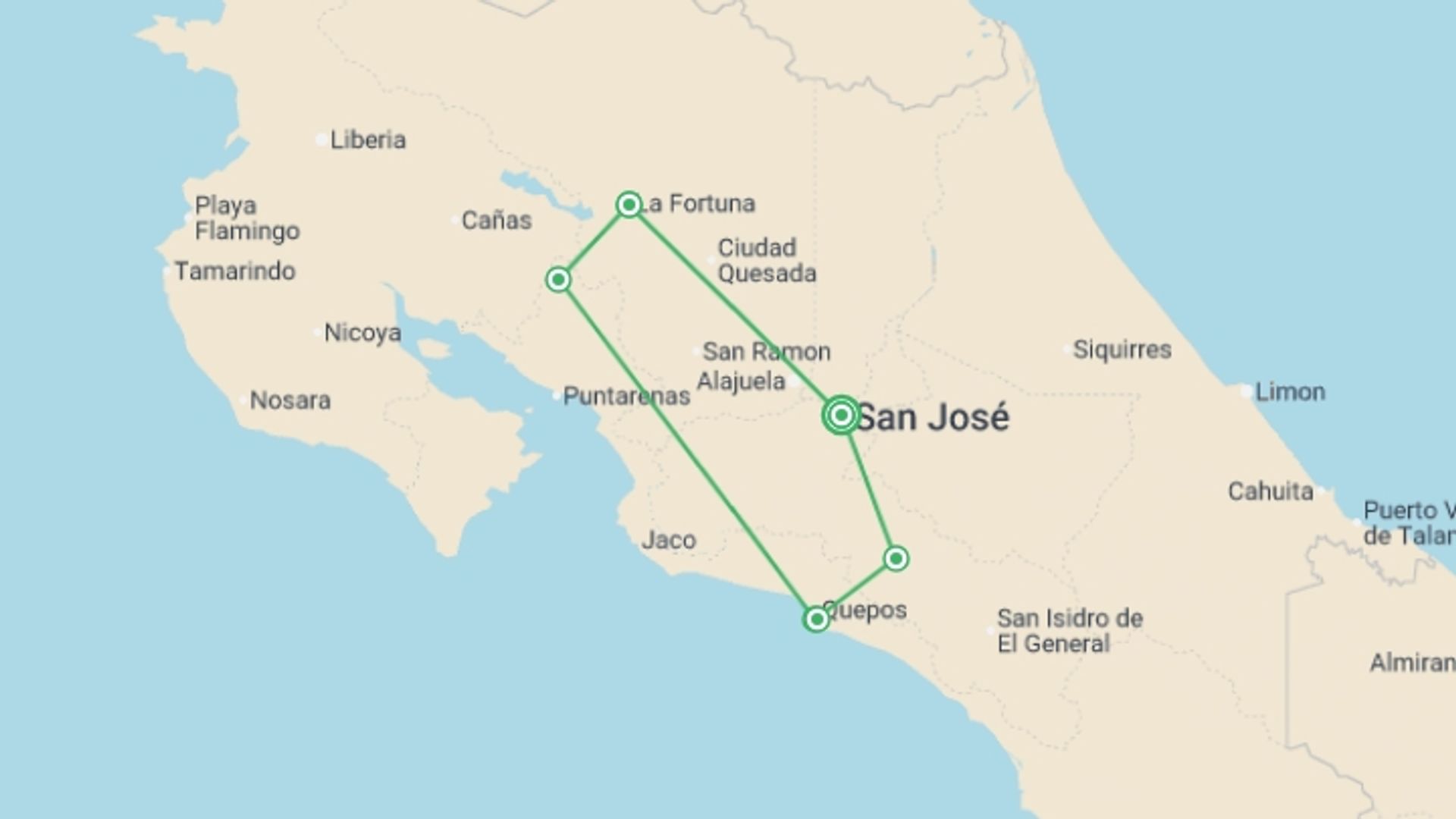 A map showing the tour itinerary for the trip: Best of Costa Rica, starting in San Jose, Costa Rica and ending in San Jose, Costa Rica going through 5 other destinations.