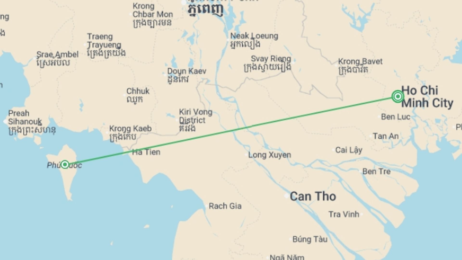 A map showing the tour itinerary for the trip: Saigon & Phu Quoc Paradise (Superior) - 8 days, starting in Ho Chi Minh City, Vietnam and ending in Ho Chi Minh City, Vietnam going through 1 other destinations.