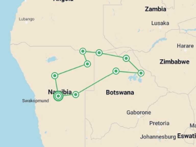 Map itinerary of Namibia Tour in Fall with 9 destination visits for the trip: Namibia & Botswana Self-Driving Trip: 17 Days 