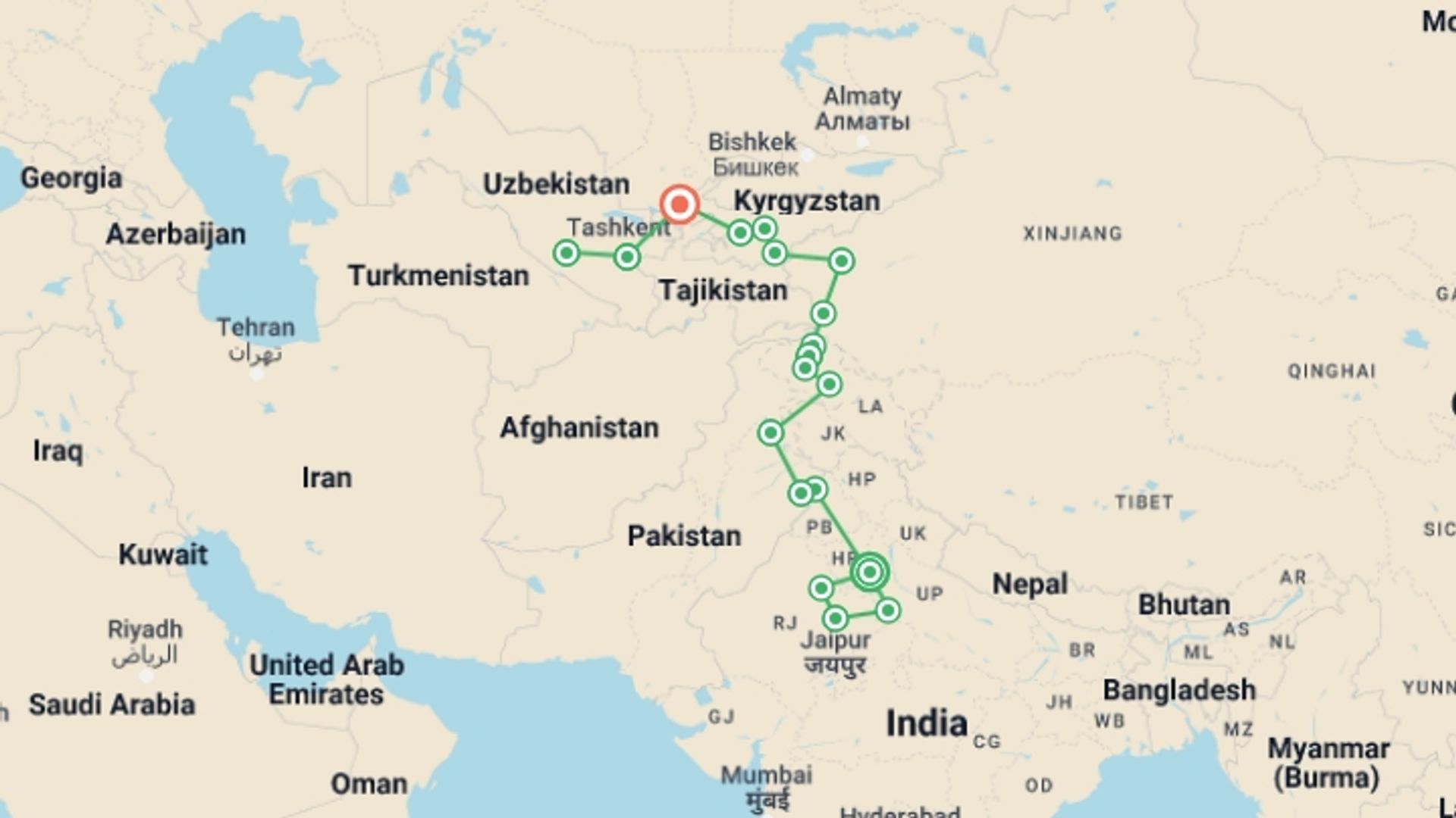 A map showing the tour itinerary for the trip: Moghul Caravan, starting in New Delhi, India and ending in Tashkent, Uzbekistan going through 16 other destinations.