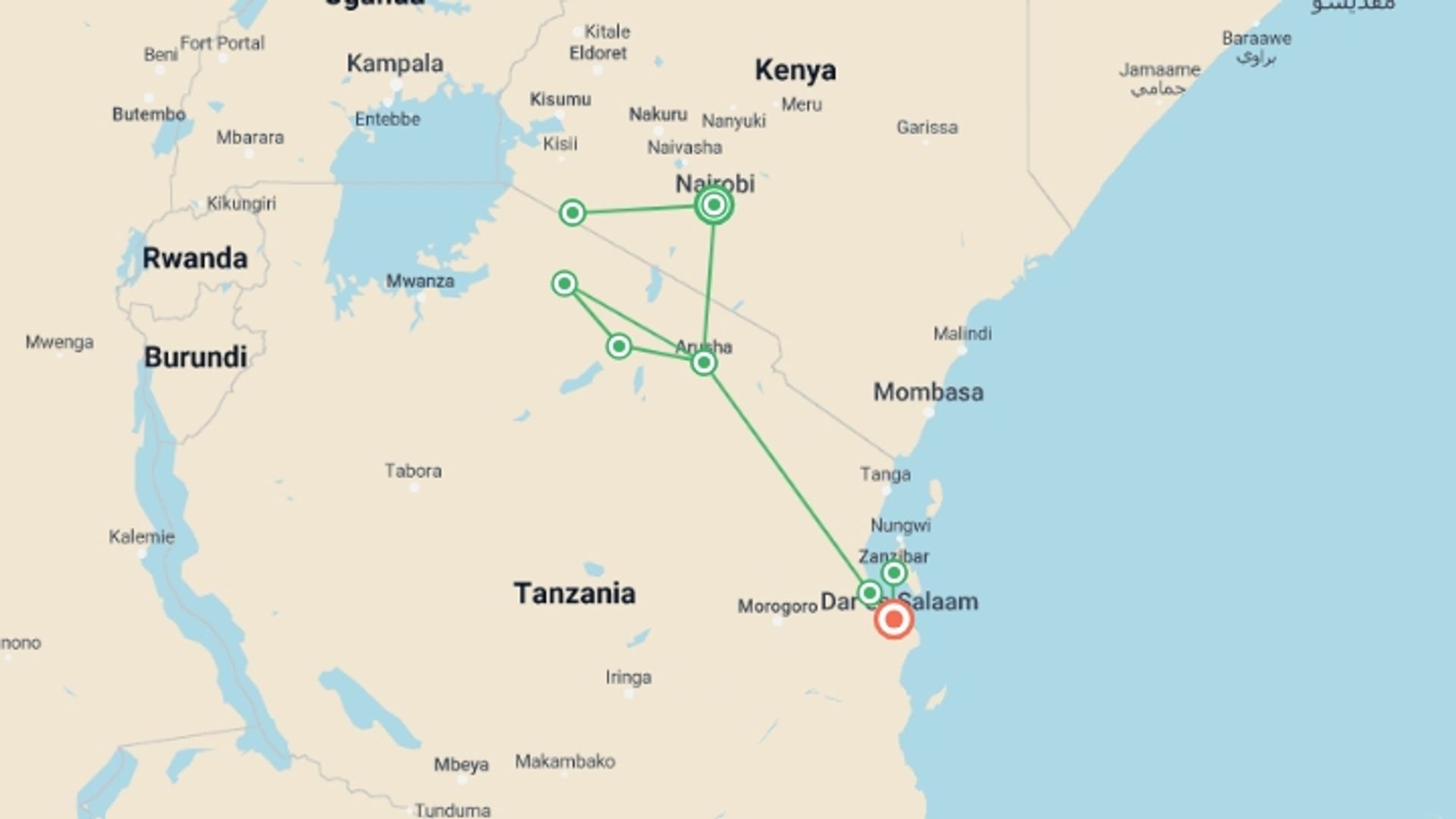 A map showing the tour itinerary for the trip: 13-day Kenya  Tanzania Adventure Accommodated, starting in Nairobi, Kenya and ending in Dar Es Salaam, Tanzania going through 7 other destinations.