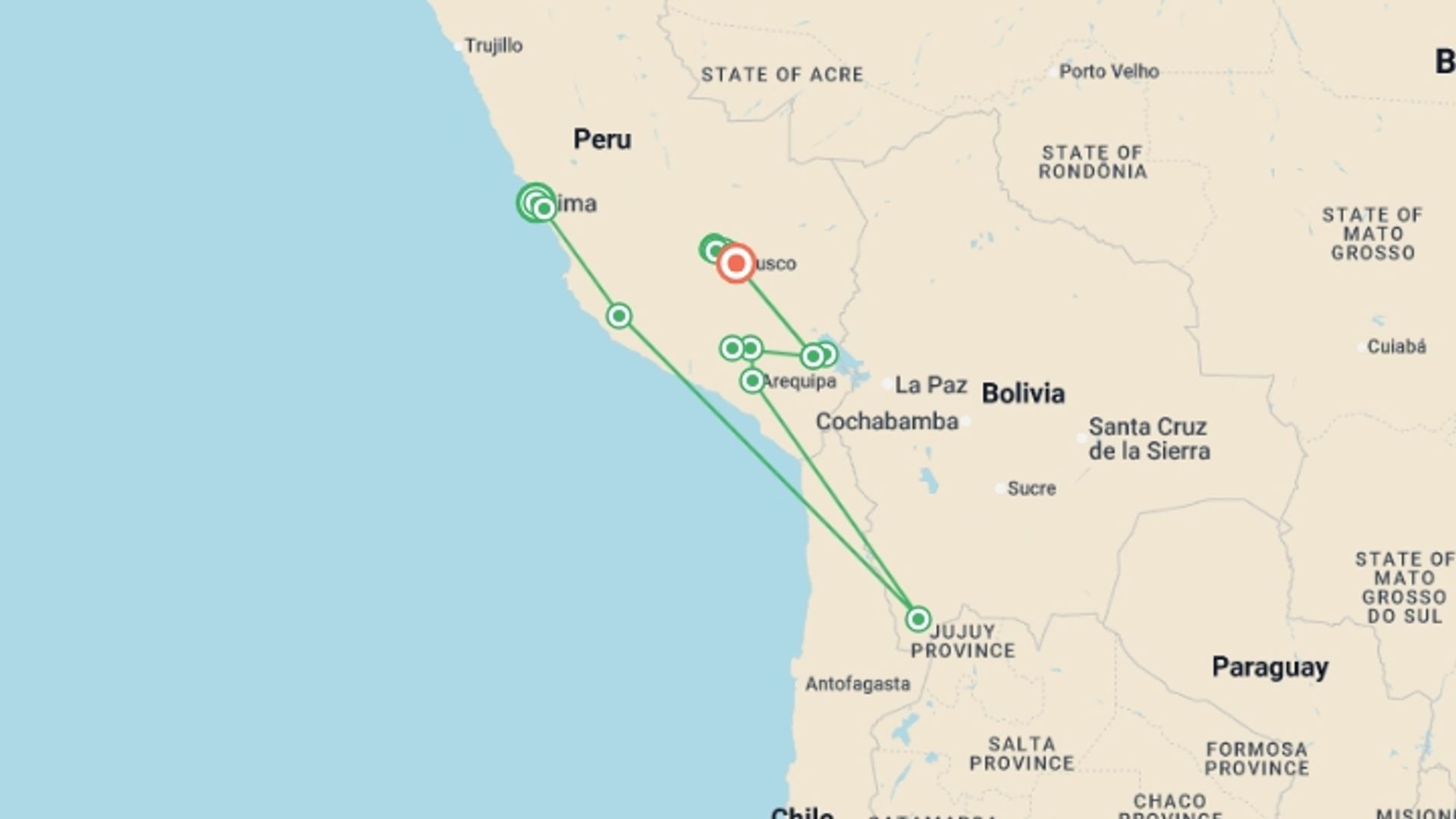 A map showing the tour itinerary for the trip: Peru In Depth and the Inca Trail, starting in Lima, Peru and ending in Cusco, Peru going through 14 other destinations.