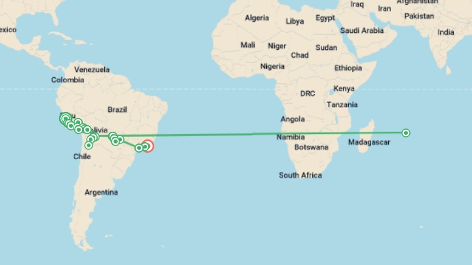 A map showing the tour itinerary for the trip: Lima to Rio de Janeiro (via Pantanal) Travel Pass, starting in Lima, Peru and ending in Rio de Janeiro, Brazil going through 24 other destinations.